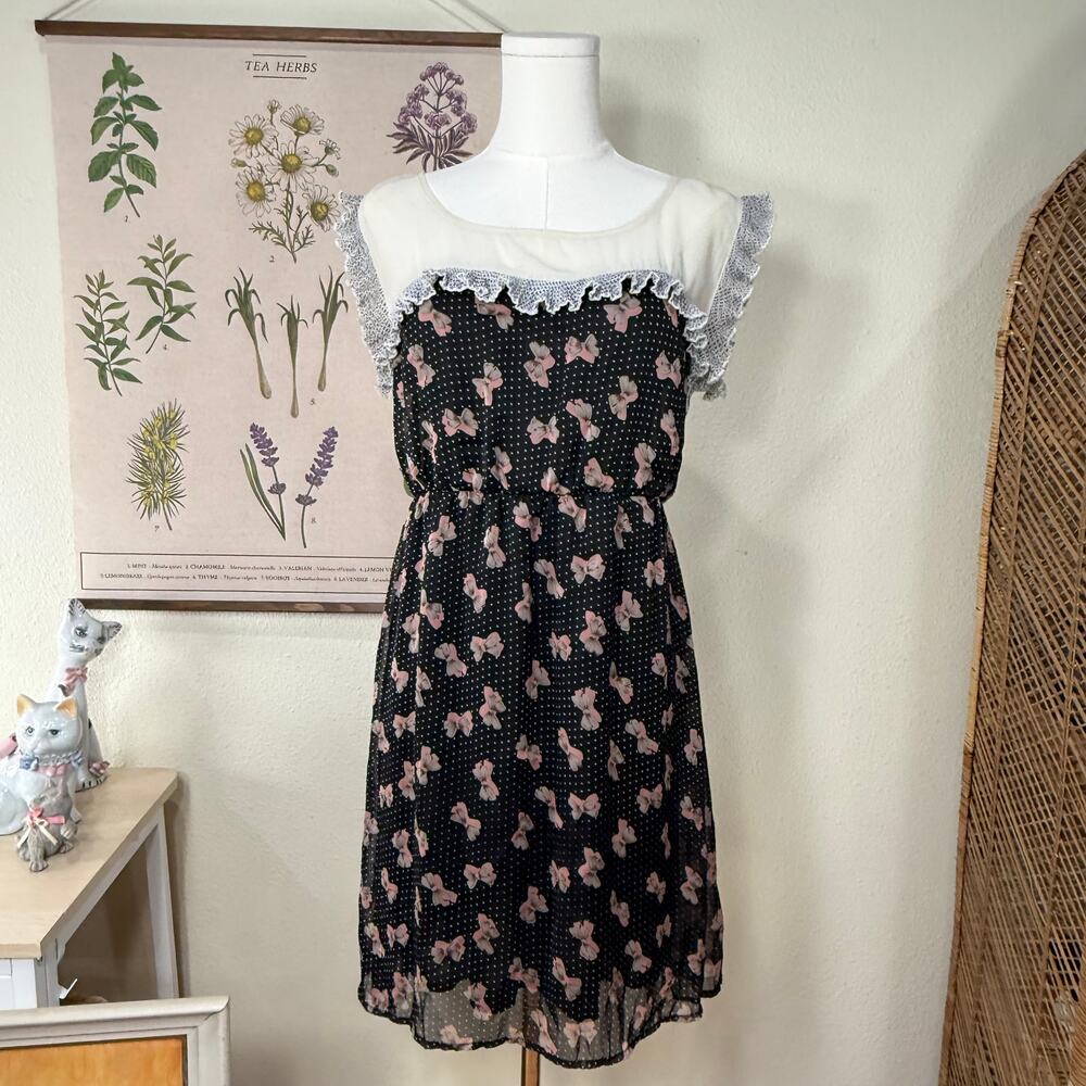 Y2k Bow Polka Dot Ruffle Dress Dollette Gloomy Coquette Femme Dolly Kei Dainty M